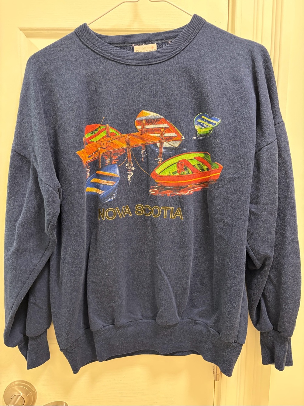 Women’s Navy Crewneck Sweatshirt with Nova Scotia Boats Graphic